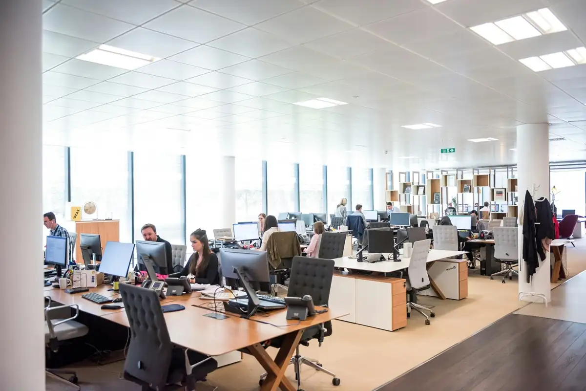 A bright open-plan office with rows of people working at desks with monitors and desk phones