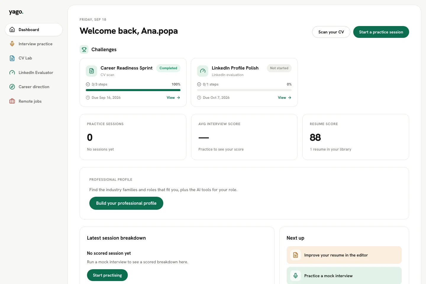 A student's dashboard showing the assigned Career Readiness Sprint challenge at 100% complete, alongside their CV score and interview-practice tools.